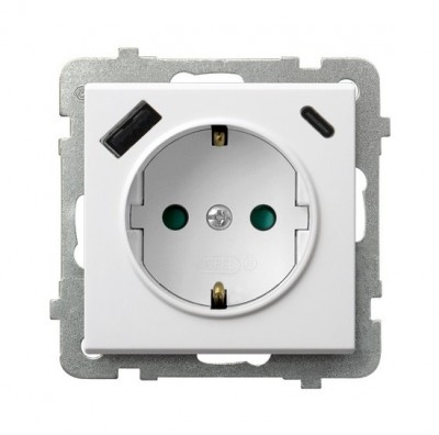 Gniazdo pojedyncze z uziemieniem schuko z przesłonami torów prądowych, z ładowarką USB A+C Gniazdo pojedyncze z uziemieniem schuko z przesłonami torów prądowych, z ładowarką USB A+C